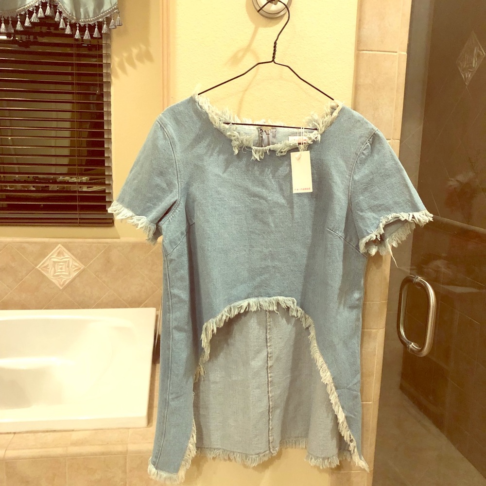 Fringe jean high low crop top